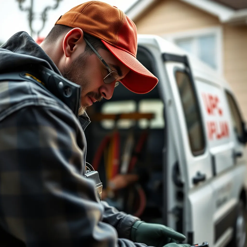 A close-up shot of a tradesperson, perhaps an electrician or plumber, working on a project in a residential setting, with a van or pickup truck in the background. The image should convey a sense of professionalism, expertise, and the importance of having the right tools and equipment for successful business operations.