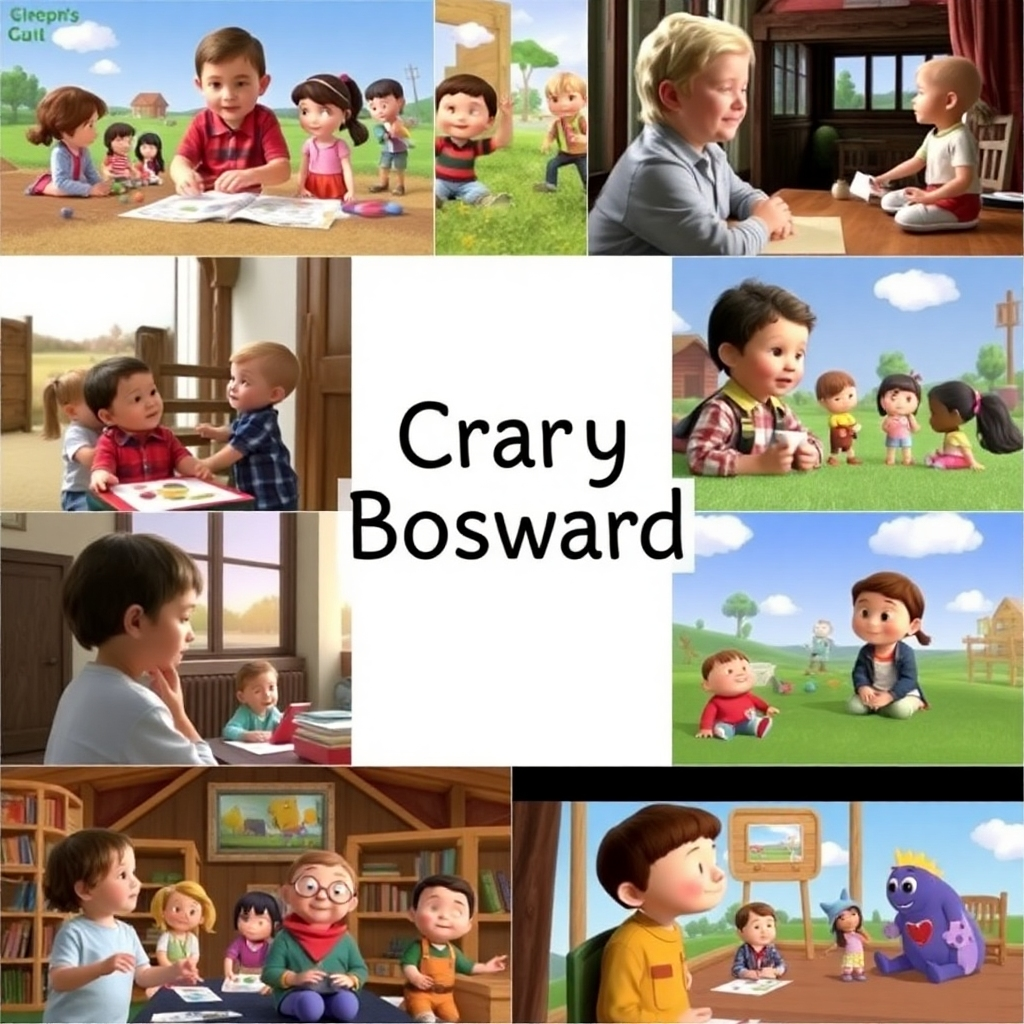  A collage of several still images from different scenes within a Craig Bosward children's video, showing a variety of activities and characters. The focus is on showcasing the diverse content and educational elements included in the videos.