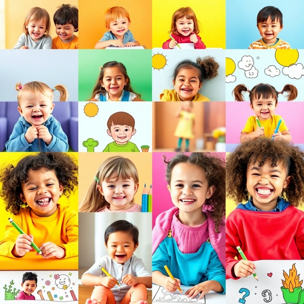 A colorful collage, at 4K resolution, featuring children of different ages (toddlers, pre-teens) joyfully coloring our pages in a variety of settings.  The collage should showcase the diversity of ages and their engagement with the coloring pages.  The background should be a variety of playful, vibrant settings and the focus should be on the diverse, happy children.