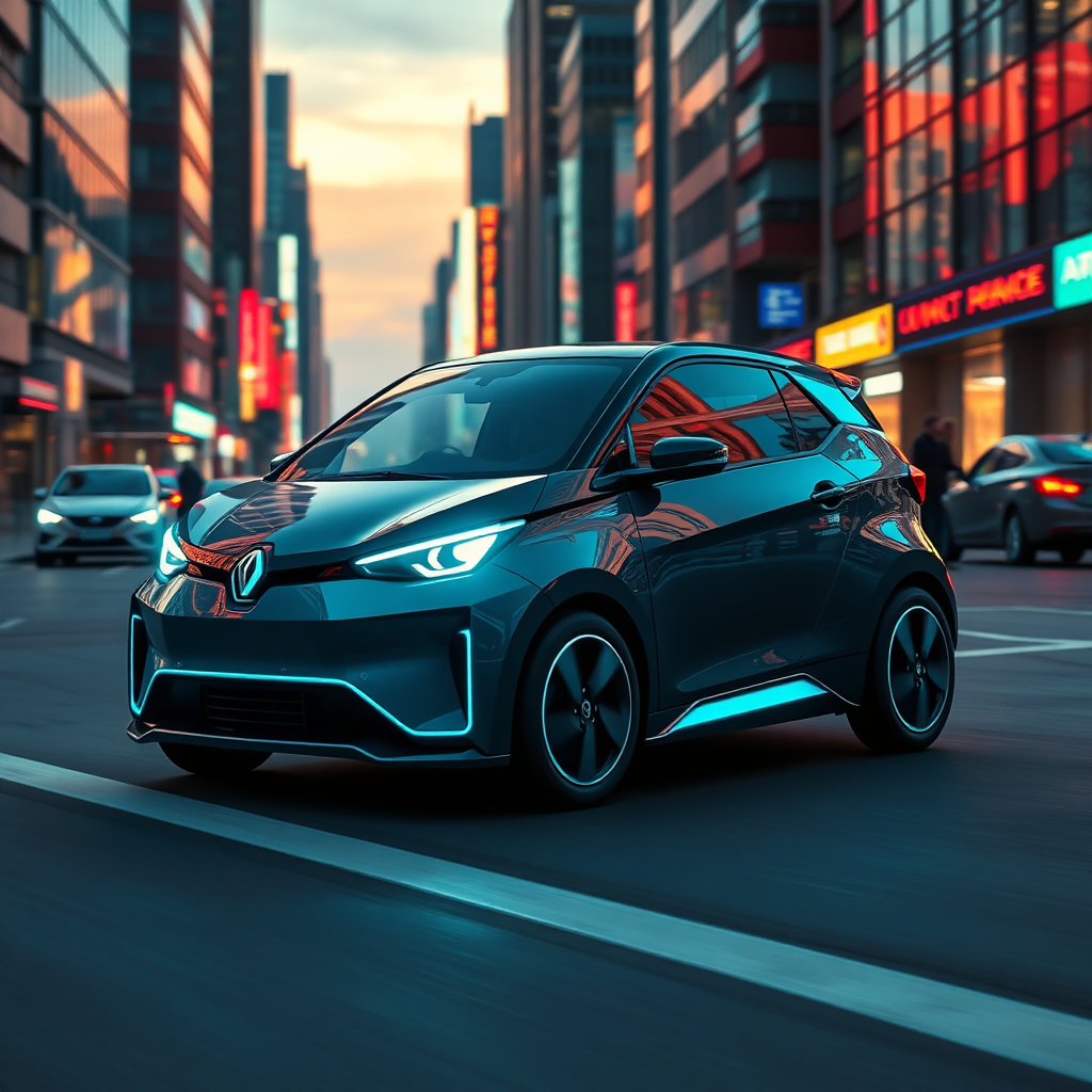 Compact hatchback with electric blue accents