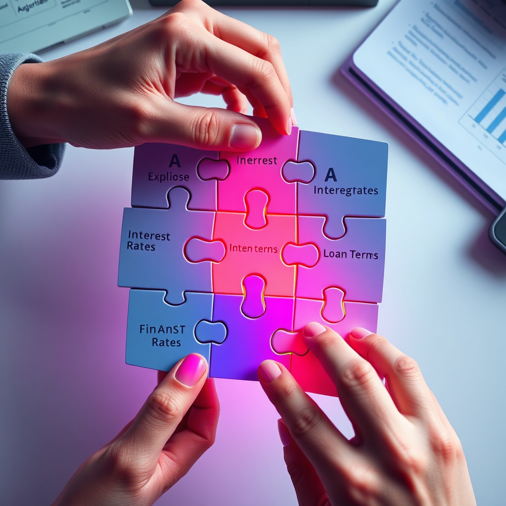 A conceptual image illustrating tailored financial solutions. Subject matter includes puzzle pieces fitting together, each piece representing a different aspect of finance (e.g., interest rates, loan terms, asset type). The puzzle is being assembled by hands, symbolizing customization. Composition should be balanced and visually appealing, emphasizing the concept of personalization. Lighting is bright and dynamic, highlighting the different puzzle pieces. Color palette is vibrant and varied, representing the diverse financial options available. Camera angle is a top-down shot, capturing the entire puzzle assembly. Texture details should be smooth and polished, reflecting professionalism and quality. Environment is a clean, modern workspace. Style reference: blend of infographic and abstract art. Technical specs: 4K resolution, high-quality rendering with smooth gradients and crisp details.
