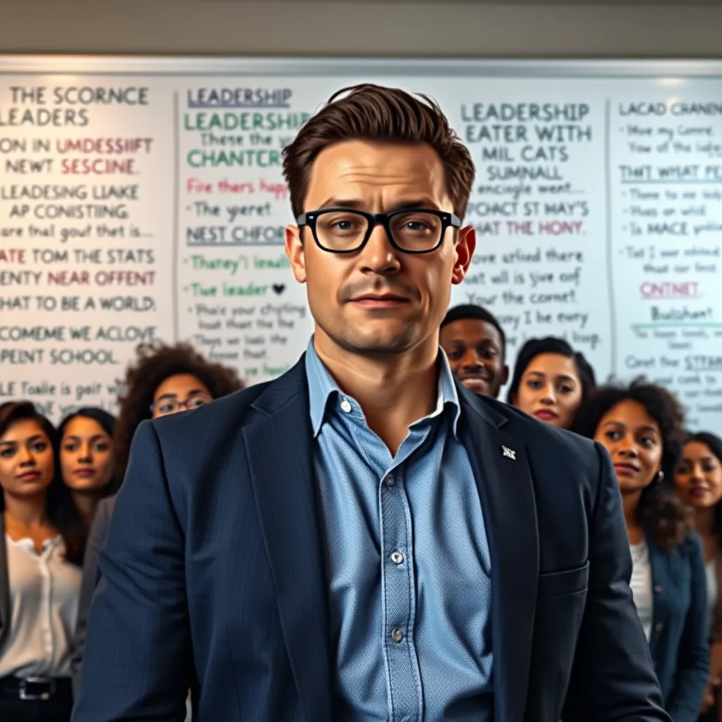A confident CEO with a determined look, standing in front of a whiteboard filled with inspiring leadership quotes and strategies, with a team of diverse school leaders behind them, all looking towards the CEO with a mix of excitement and anticipation.