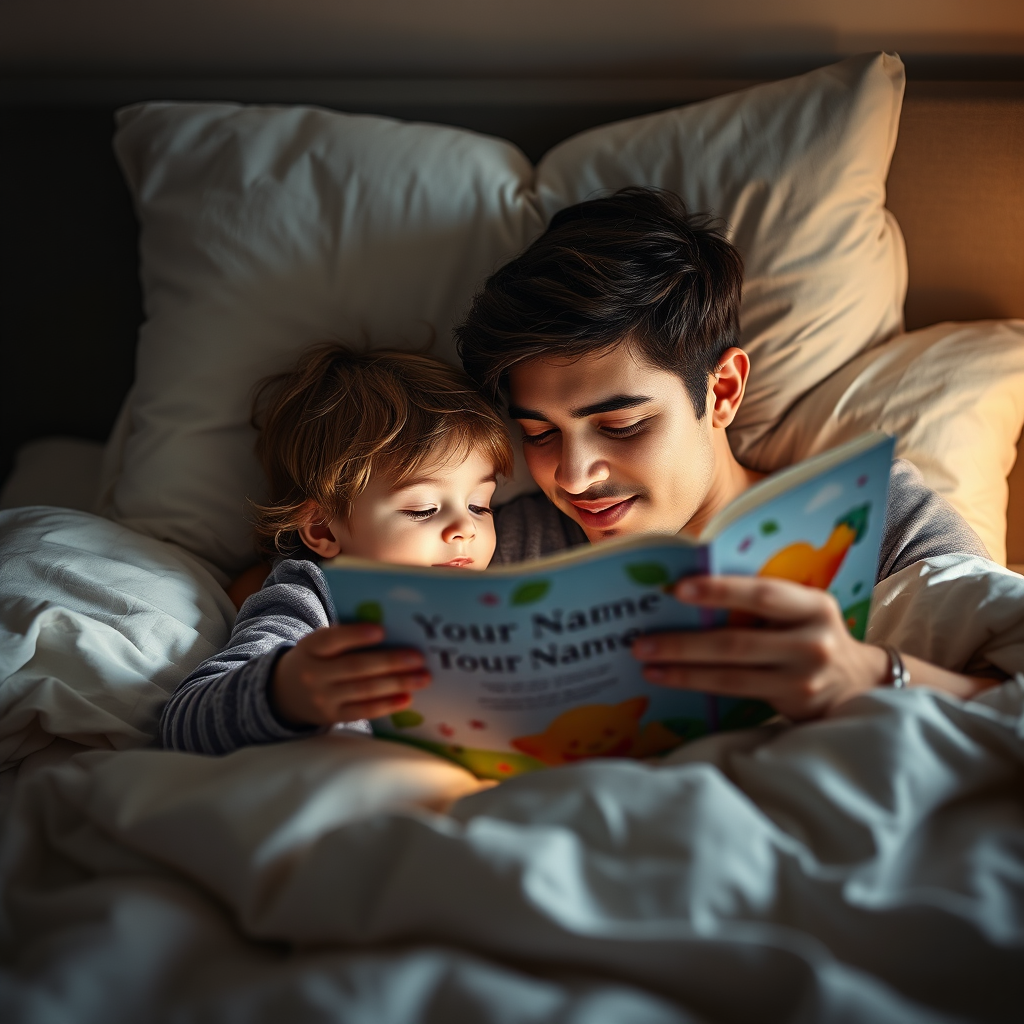 A cozy scene of a child snuggled in bed with a parent, reading one of [Your Name]'s children's books. Soft lighting, warm colors, and a focus on the loving connection between parent and child. Emphasize the book's cover. Technical specs: 4K resolution, soft focus.