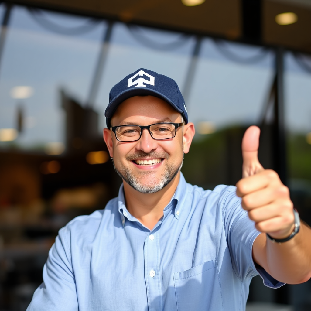 A customer giving a thumbs up, signifying satisfaction. Style: Positive and confident.