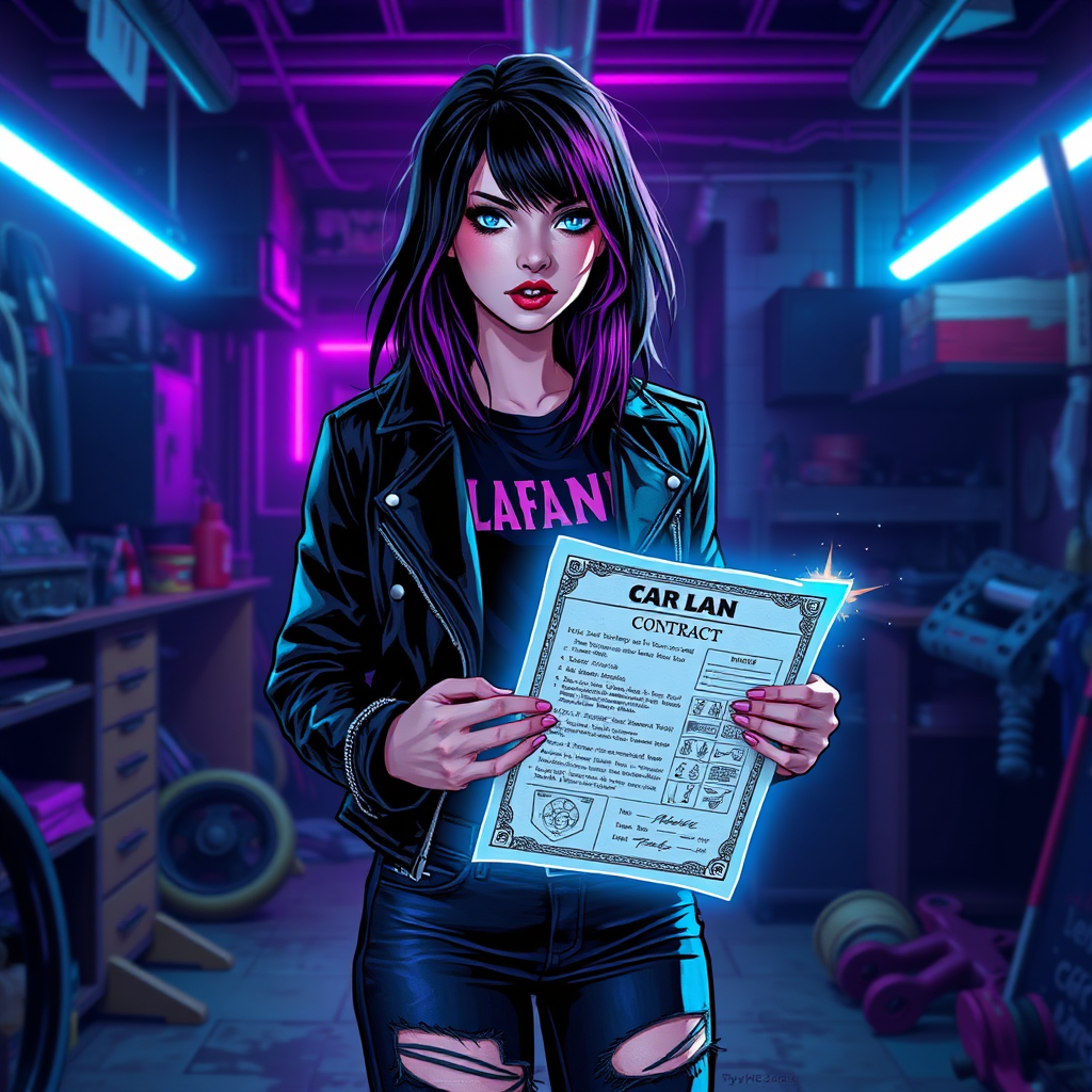 Abbey holding a glowing car loan contract in a cyberpunk garage.