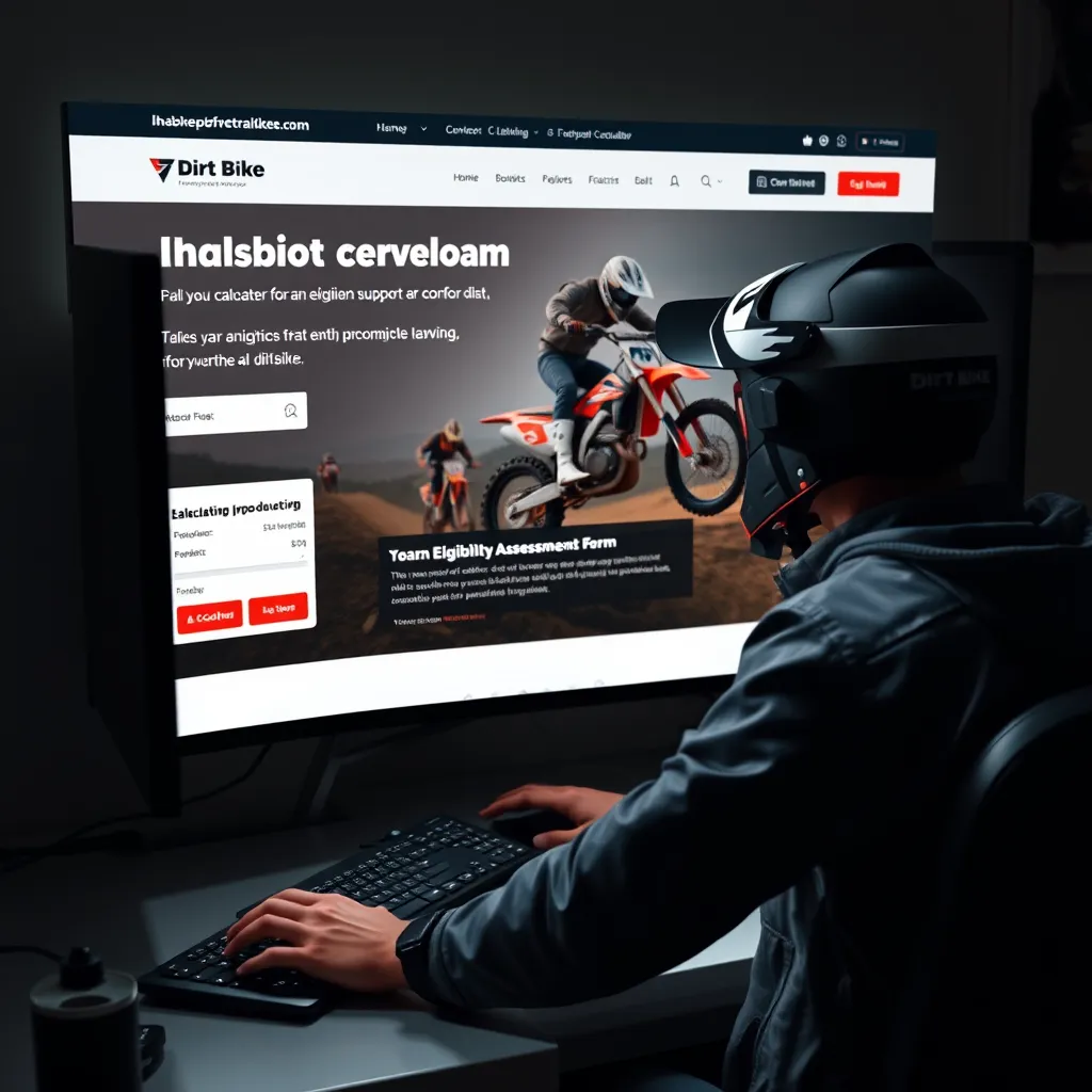 A dirt bike enthusiast sitting at a computer, looking at a website with a loan calculator and an eligibility assessment form. The website has a professional design with a banner showing a dirt bike in action.