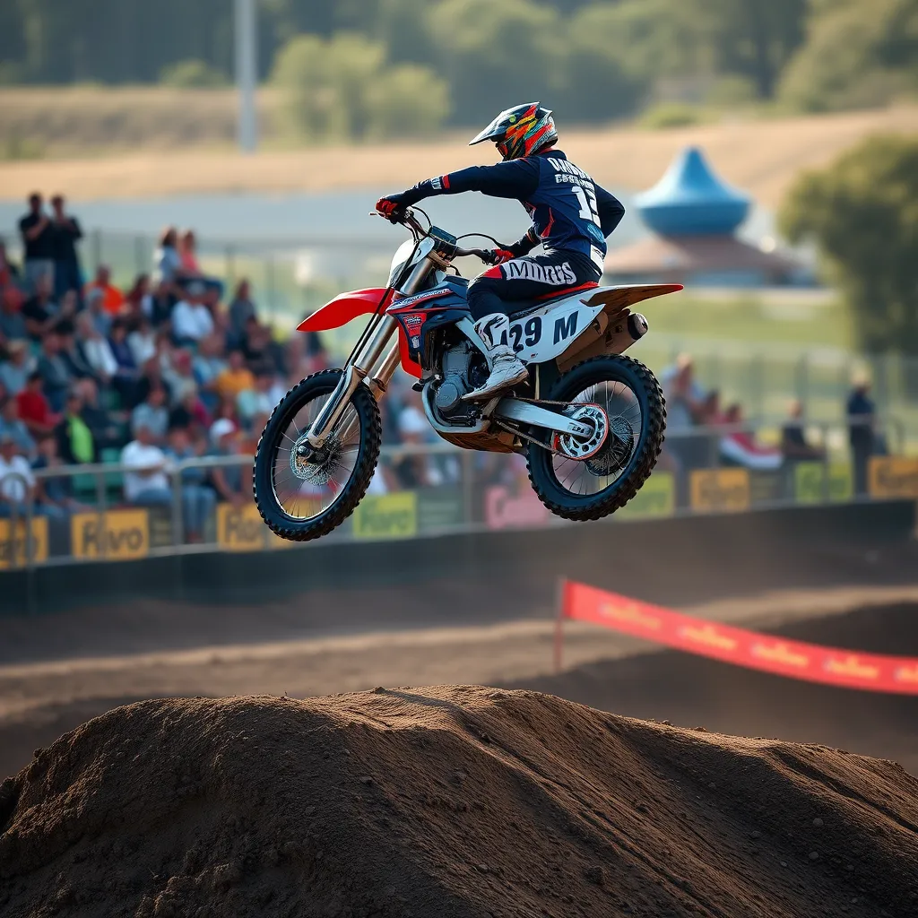 A dirt bike in mid-air, performing a jump over a dirt ramp. The bike and rider are perfectly balanced, demonstrating the power and control of the machine. The background shows a motocross track with spectators cheering. The image should highlight the bike's suspension and engine power.