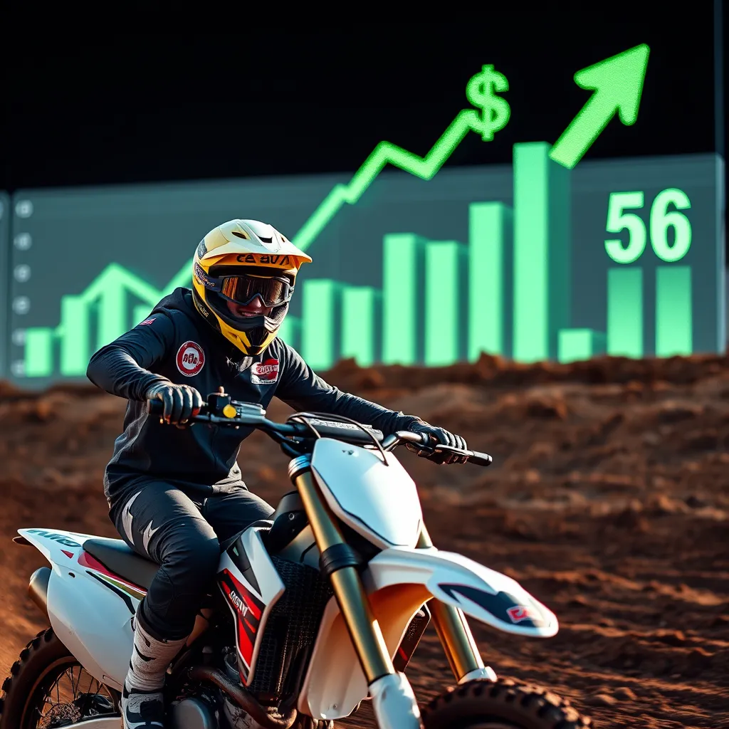 A dirt bike rider, wearing a helmet and riding gear, is riding through a dirt track. The rider is smiling and enjoying the ride. In the background, there is a  financial chart with arrows pointing upwards and a large number sign showing a dollar amount. The image should be visually appealing and convey the idea of affordability and financial freedom.