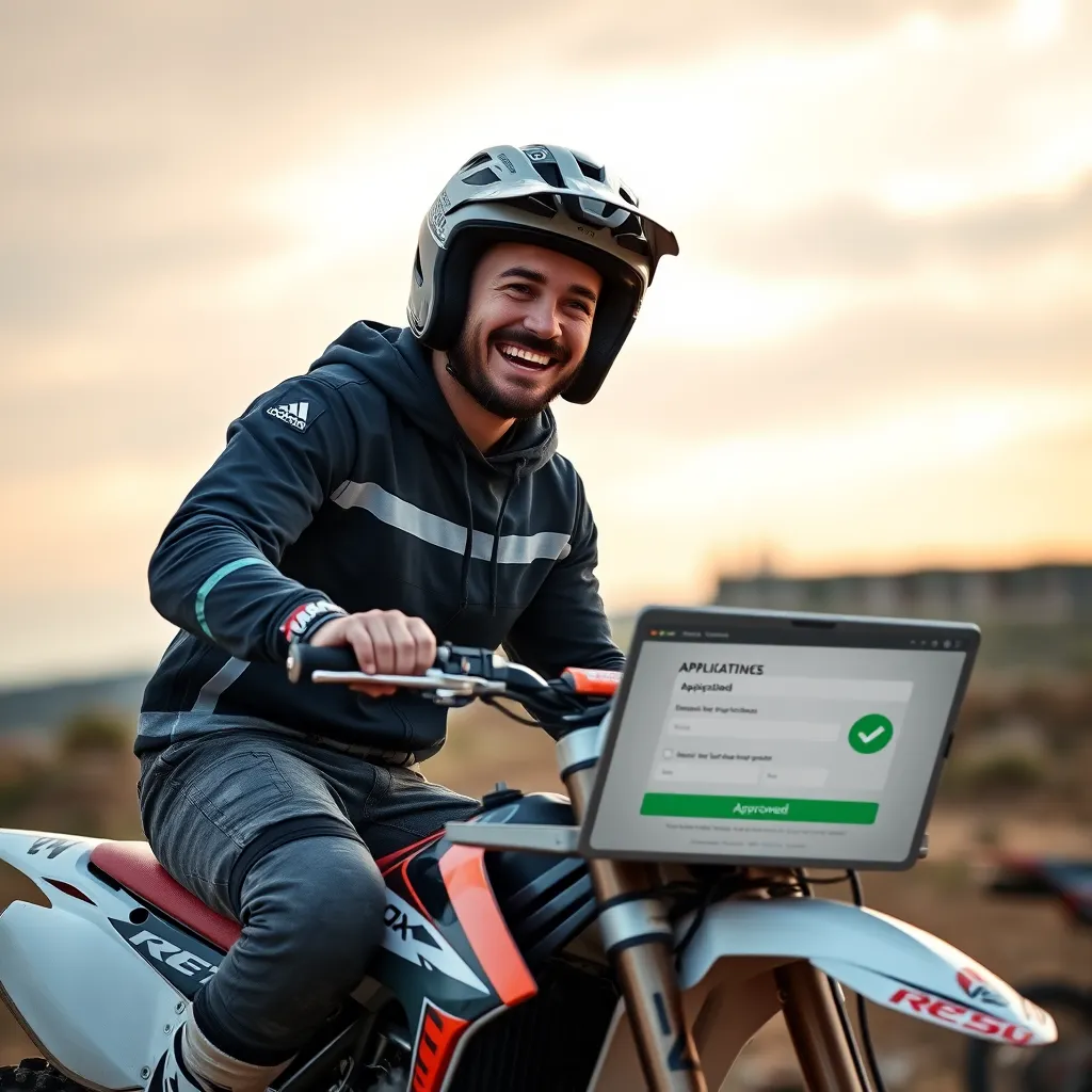 A dirt bike rider sitting on their bike, smiling excitedly, with a laptop open displaying a digital application form for dirt bike financing, with a green checkmark icon indicating approval.
