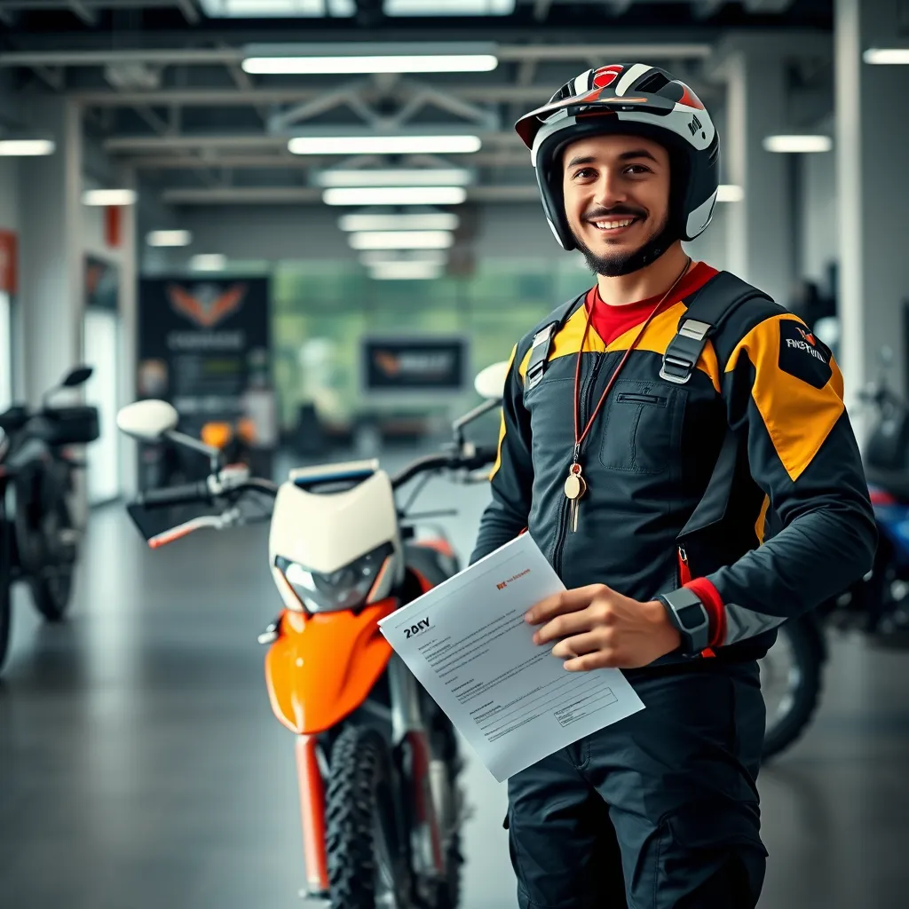 A dirt bike rider standing in a motorcycle dealership, holding the keys to a new dirt bike. The rider is smiling and has a pre-approval document in their hand.