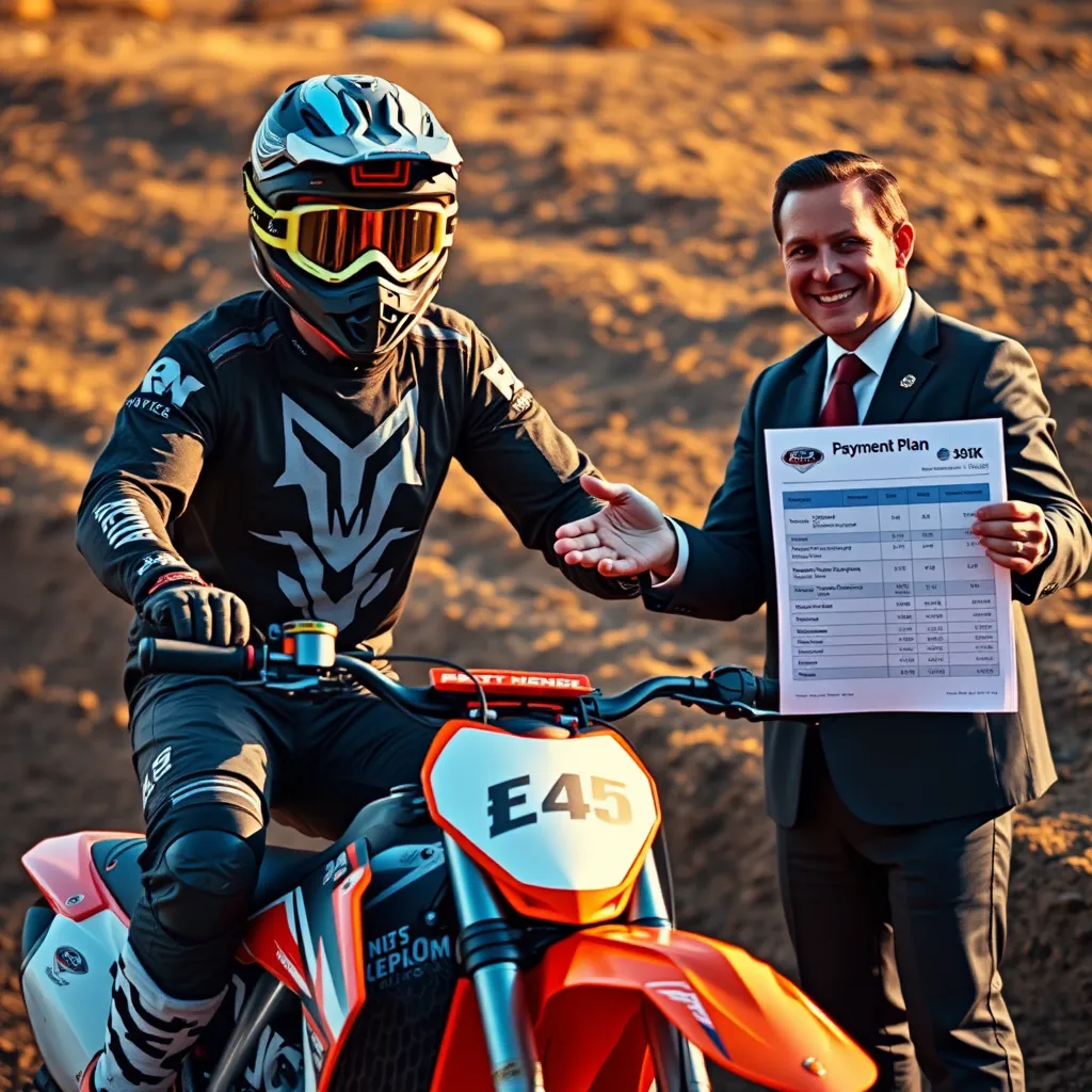 A dirt bike rider wearing a helmet and goggles, riding through a dirt track, with a large, friendly finance representative standing nearby, offering a handshake and a payment plan sheet.