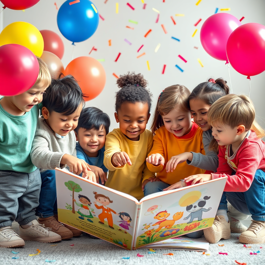 A diverse group of children from different backgrounds are gathered around a large, open book. Each child is engaged and excited, pointing to different characters and illustrations. Colorful balloons and confetti add to the celebratory atmosphere. Technical specs: 4K resolution, bright and cheerful.