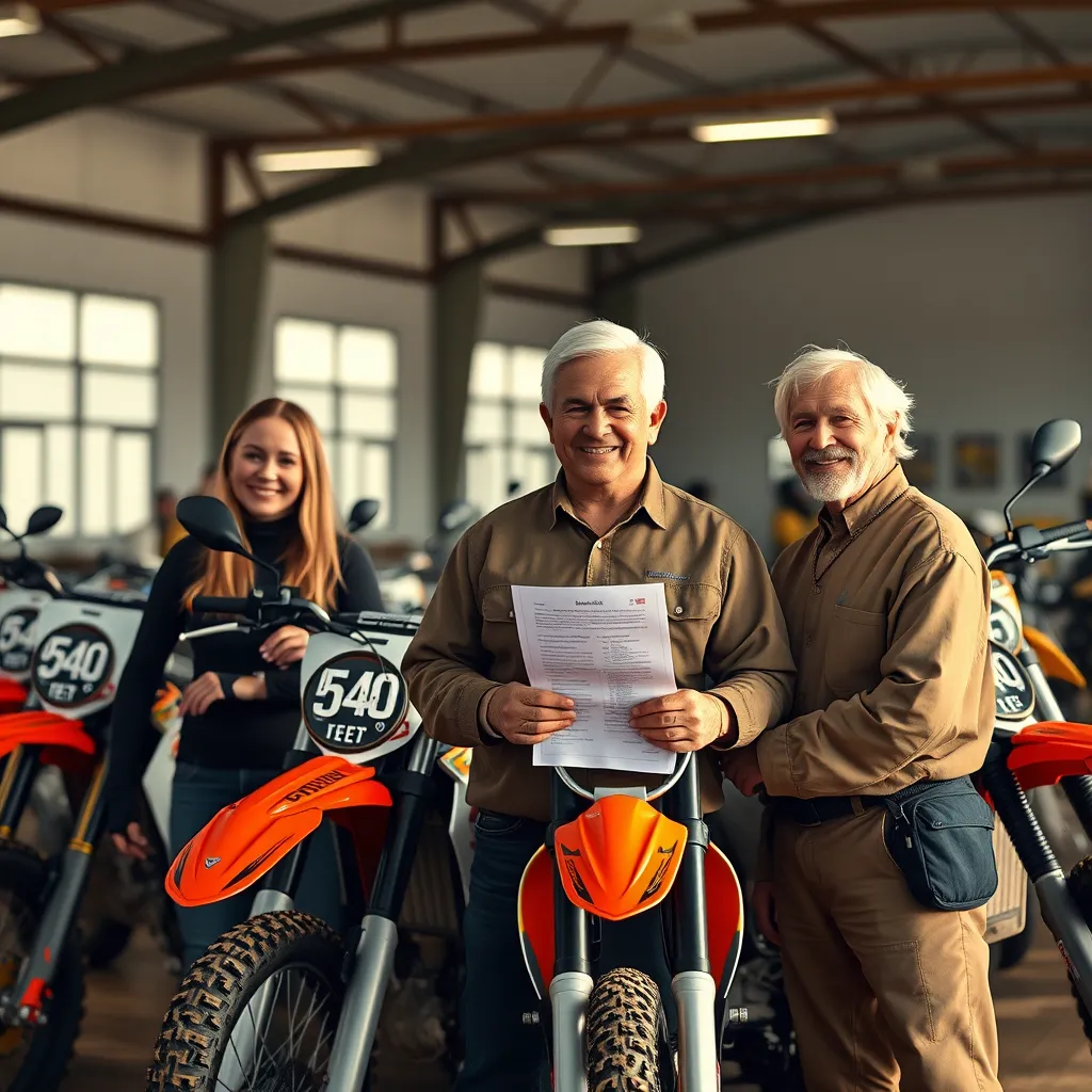 A diverse group of dirt bike riders, including a young woman, a middle-aged man, and a senior citizen, standing in front of their bikes with a friendly loan officer who is smiling and holding a document.
