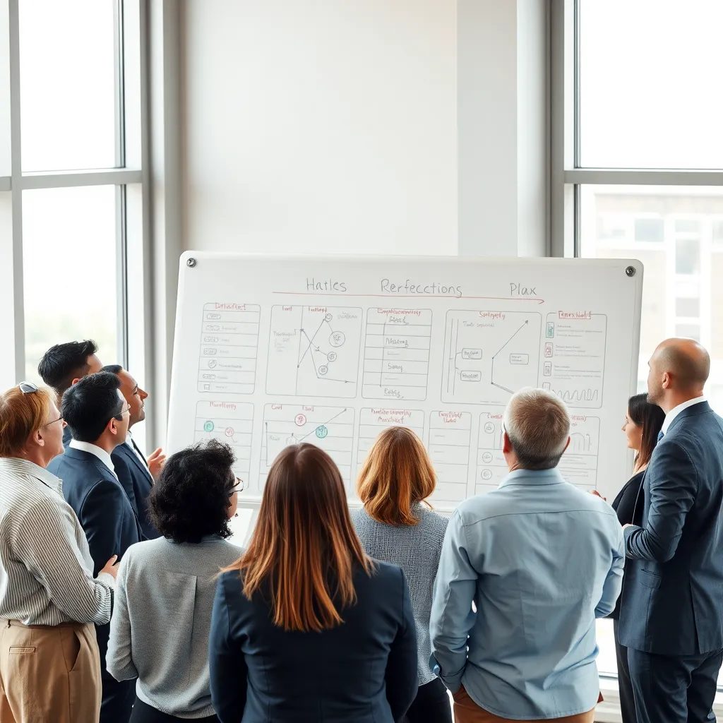 A diverse group of executives, dressed in business attire, engaged in a lively discussion around a large whiteboard covered in strategic plans and diagrams. The room is bright and modern, with natural light streaming through large windows. The atmosphere is positive and collaborative, with the executives leaning in and actively participating in the conversation.