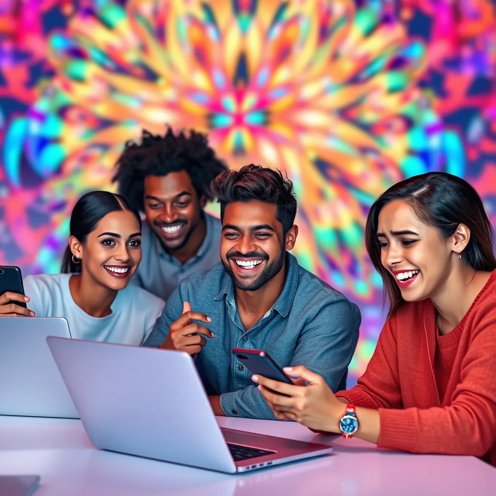A diverse group of people, of different ages and backgrounds, are using a sleek and modern AI website builder interface on their laptops and mobile devices, with smiles on their faces. The background is a vibrant, abstract pattern representing the limitless possibilities of web design.