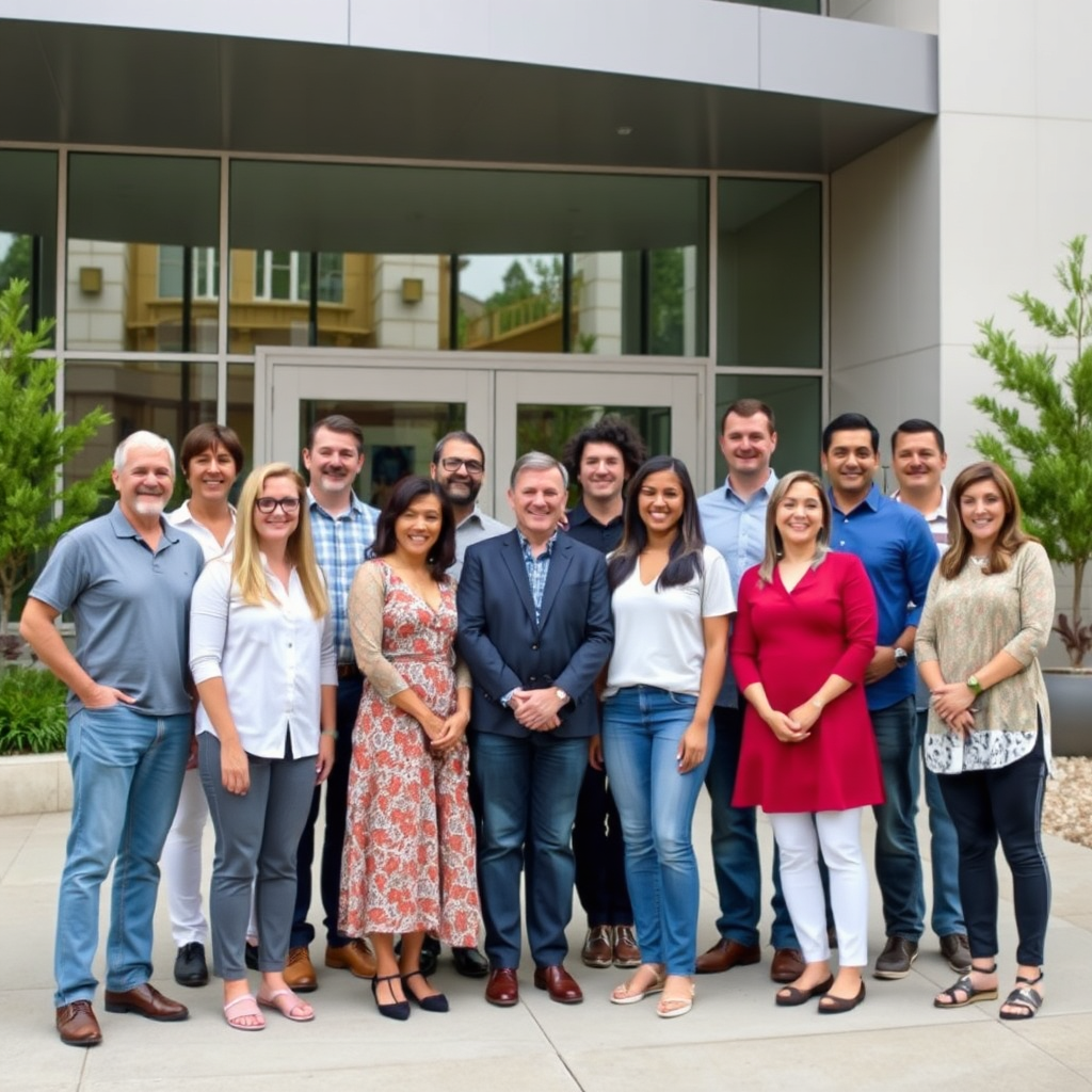 A diverse group of people standing in front of a modern building, smiling confidently. The image should convey inclusivity and a sense of community. Style: Professional and trustworthy.