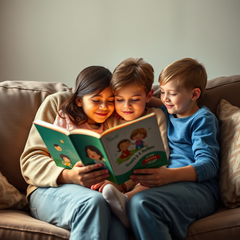 A family cuddled up on a couch, reading one of [Your Name]'s children's books together. Warm lighting and a sense of love and connection should permeate the image. Technical specs: 4K resolution, soft focus.