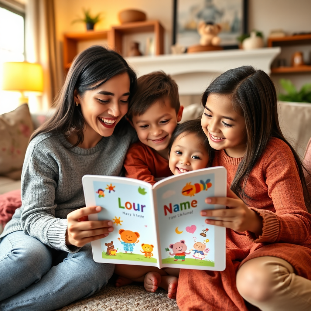 A family gathered around a tablet, reading one of [Your Name]'s children's books. They are laughing and smiling, fully engaged in the story. The background is a cozy living room setting. Technical specs: 4K resolution, warm and inviting.