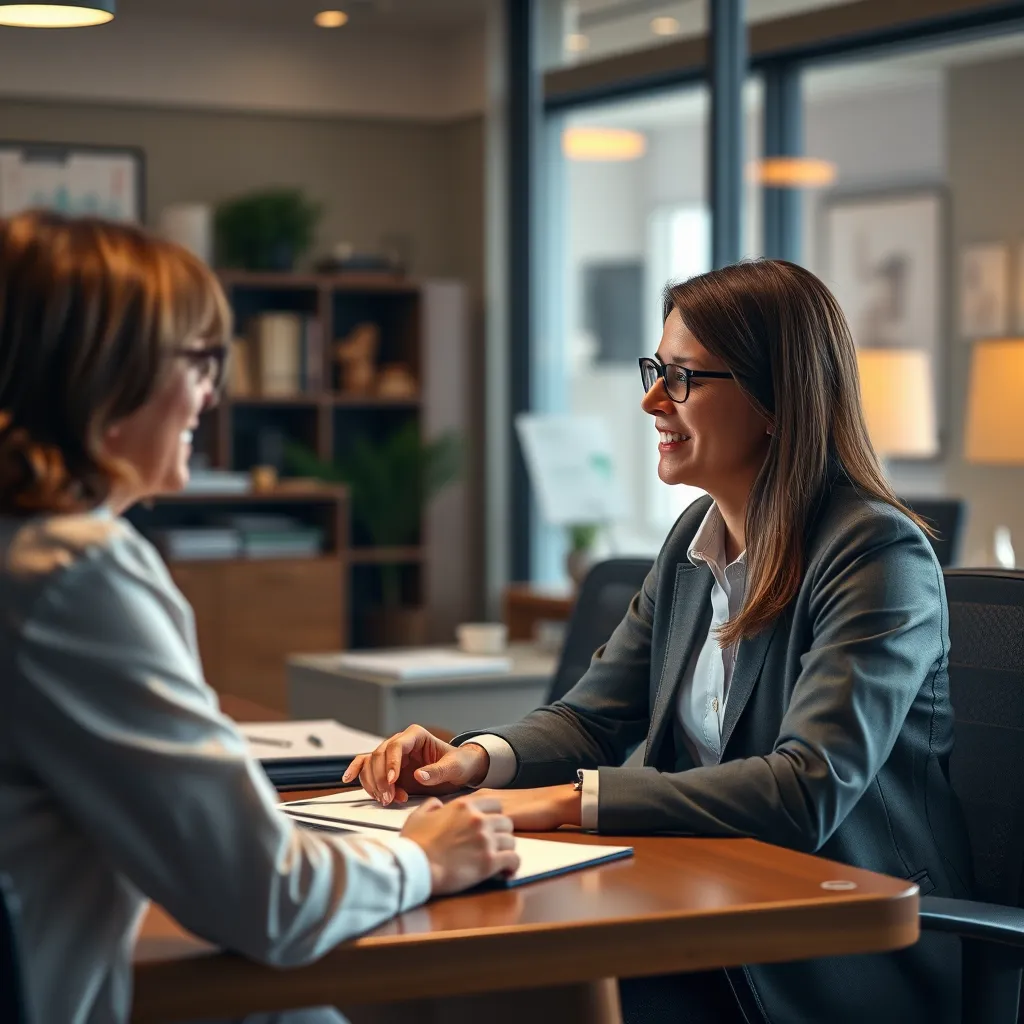 A friendly and professional loan officer sitting at their desk, actively listening to a client's concerns, with a warm and inviting office environment in the background, highlighting the importance of customer service and personalized attention.