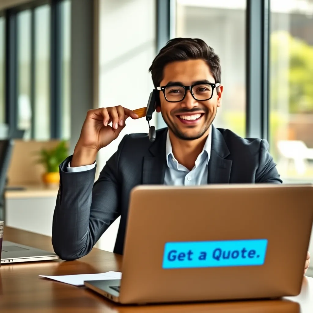 A friendly business person, sitting at a desk, holding a phone to their ear. A laptop is open in front of them showing a website with the words 'Get a Quote' highlighted in blue. The background is a modern office setting with natural light.