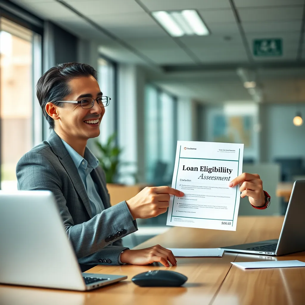 A friendly business professional smiling and handing a customer a document labelled 'Loan Eligibility Assessment' while sitting at a desk with a laptop and a calculator in a modern office setting.