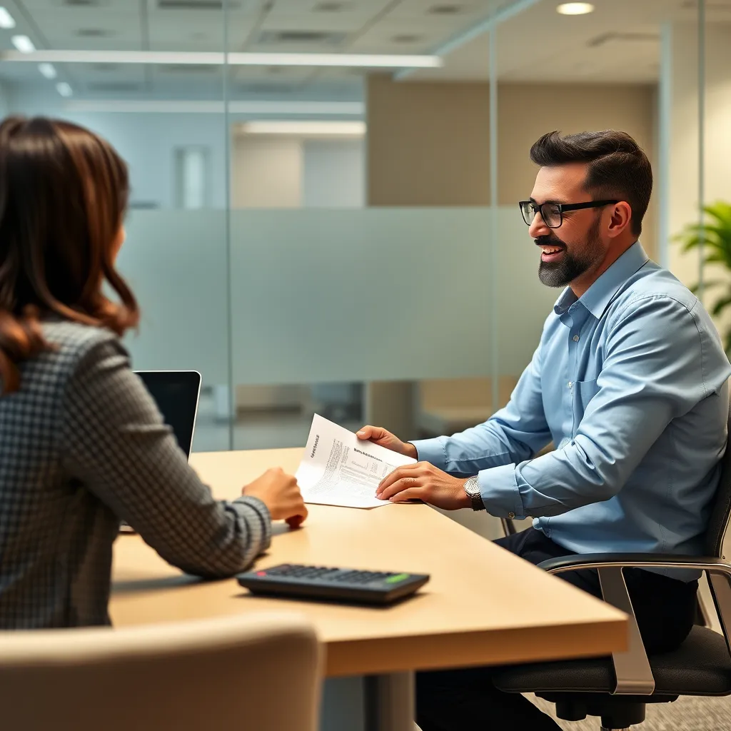 A friendly financial advisor sitting at a desk in a modern office, talking to a customer who is sitting across from them. They are discussing a document with a loan proposal on it, with a laptop and a calculator on the desk. The background should be a neutral, professional office setting.