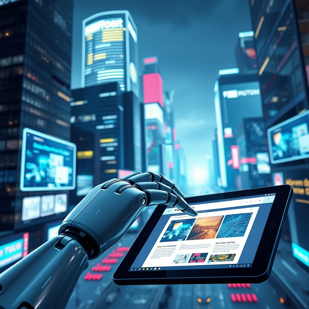 A futuristic cityscape with holographic screens displaying websites. A robot hand interacts with a website on a tablet, showcasing dynamic, responsive elements and seamless integration with other technologies. The scene emphasizes the future-proof nature of AI-built websites, showcasing their adaptability and scalability.