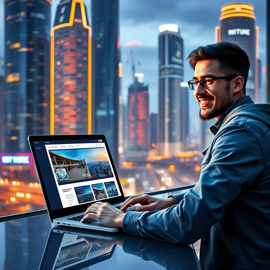 A futuristic cityscape with skyscrapers and glowing neon lights. A developer is working on a laptop with a website builder interface that shows a website being constructed quickly and efficiently by AI. The developer is smiling, highlighting the ease and speed of the process.
