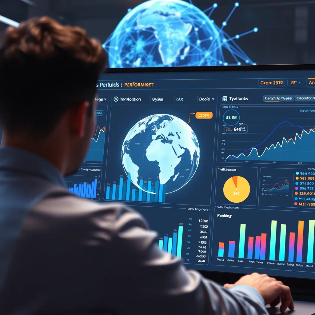 A futuristic dashboard with data visualizations and charts showcasing website performance metrics. A person is analyzing the data, indicating insights about user engagement, traffic sources, and SEO rankings. The background features a globe with interconnected lines representing the global reach of the website, signifying the power of optimization.