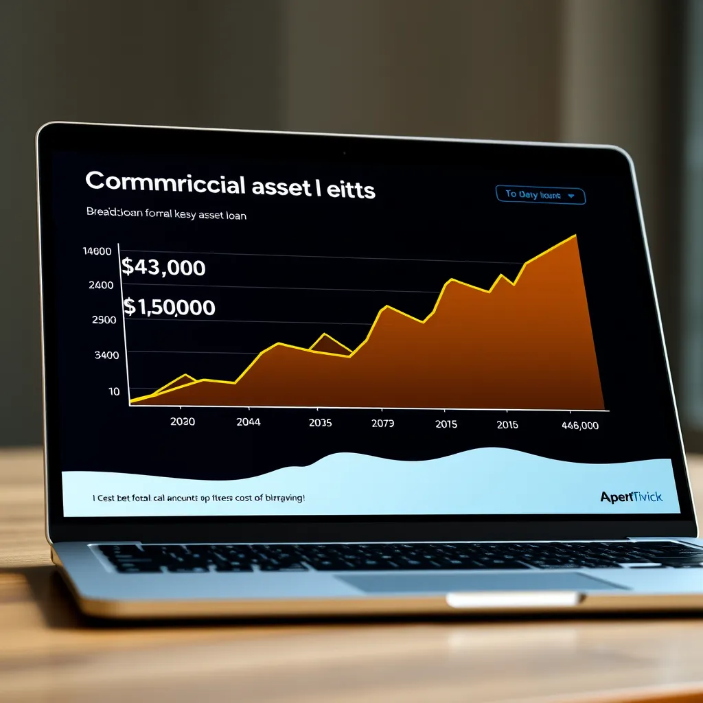 A graph on a laptop screen displaying the breakdown of a commercial asset loan. The graph shows the loan amount, interest charges, and any fees associated with the loan, clearly illustrating the total cost of borrowing.
