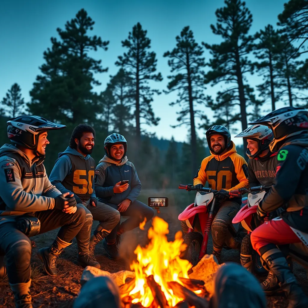 A group of diverse dirt bike riders gathered around a campfire, laughing and sharing stories. One rider is holding a smartphone recording a video testimonial, while others listen intently, smiling and nodding along. The scene is set in a beautiful natural landscape with towering trees and a clear night sky.