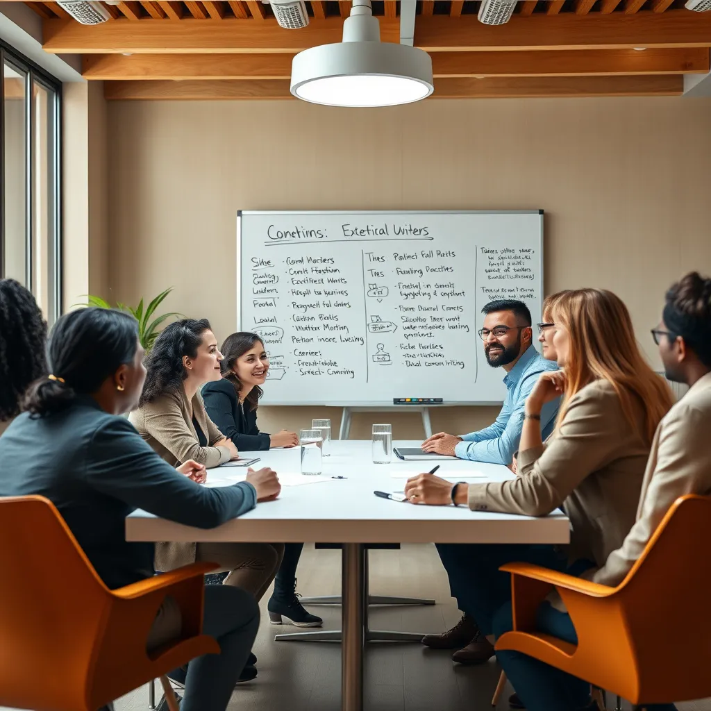 A group of diverse leaders sitting around a table in a modern conference room, engaged in a lively discussion.  The focus is on the conversation, with a whiteboard in the background showcasing key talking points and action items. Natural lighting and a warm, inviting atmosphere.