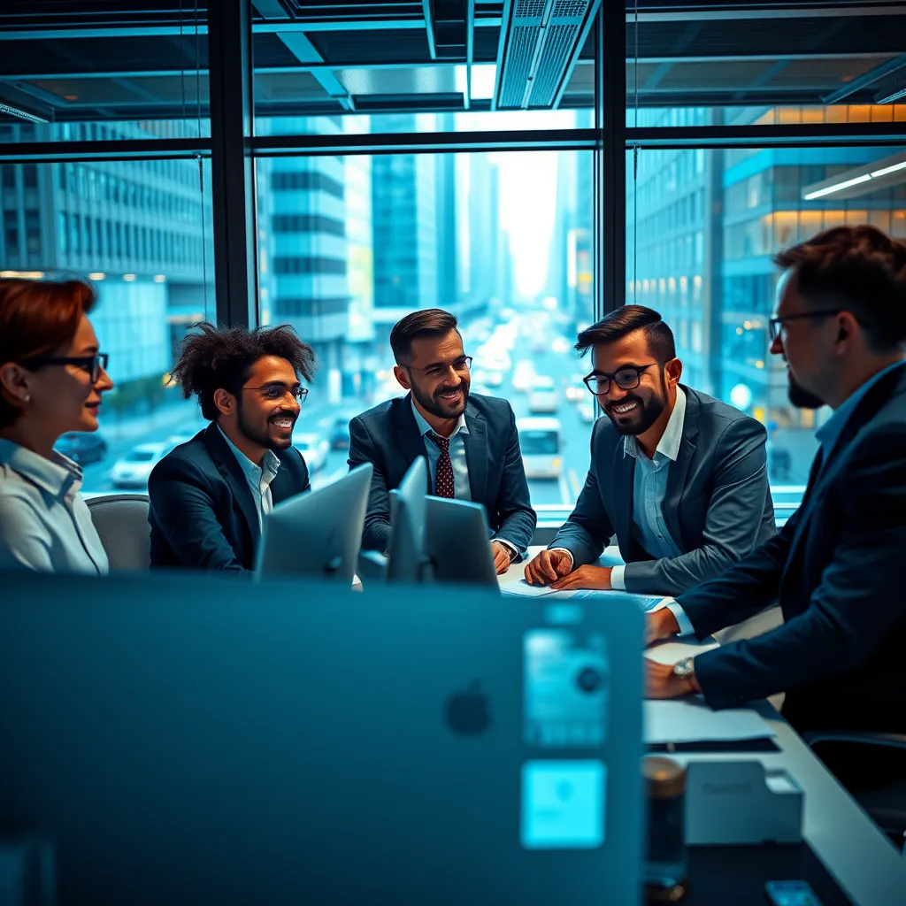 A group of diverse professionals in a modern office setting, collaborating and working on computers, with a large window overlooking a bustling city street, conveying a sense of expertise and collaboration.