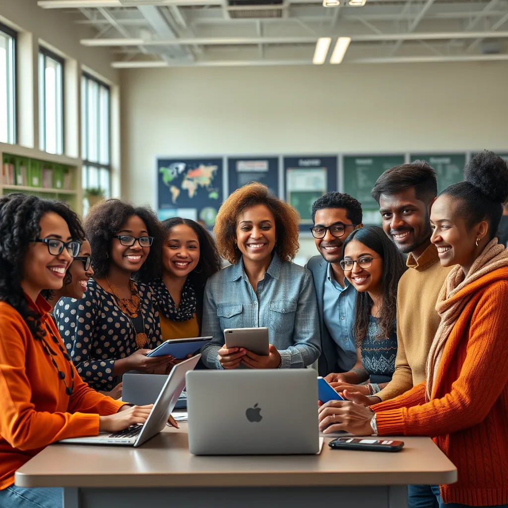 A group of diverse school leaders, including teachers, administrators, and parents, working together collaboratively in a modern school setting, with technology,  innovative learning spaces, and diverse perspectives represented, radiating a sense of teamwork and shared purpose.