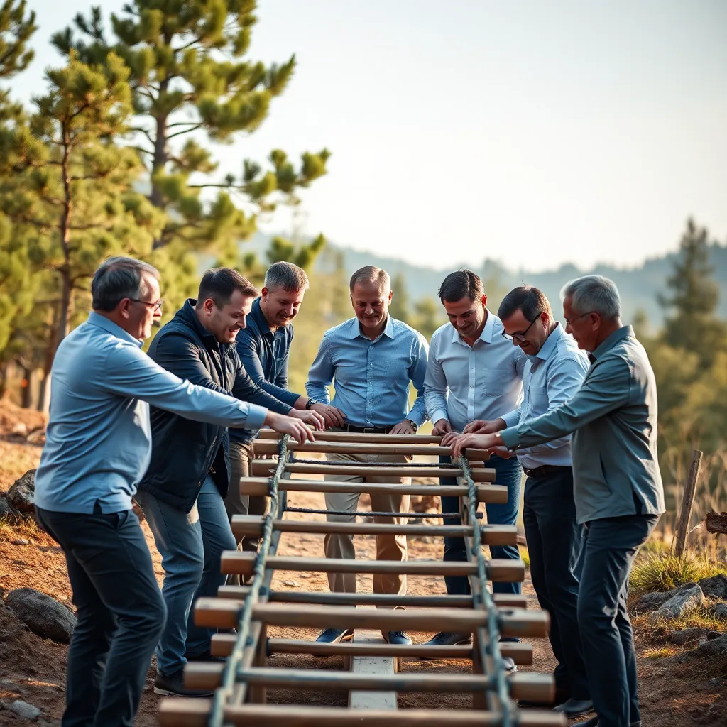 A group of executives participating in a team-building activity during an outdoor retreat. The activity could involve a challenging obstacle course, a collaborative puzzle-solving exercise, or a team-building game. The image should capture the sense of camaraderie and shared accomplishment.