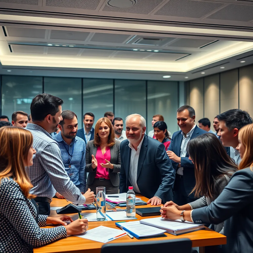 A group of executives participating in a leadership development workshop, engaging in interactive activities and discussions. The room is filled with energy and excitement as the executives learn new skills, share experiences, and collaborate with one another. The image should capture a sense of growth, empowerment, and the pursuit of excellence.