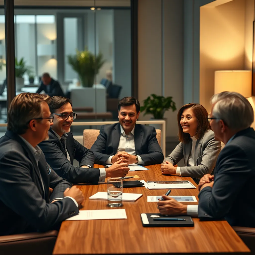 A group of executives sitting around a table in a comfortable setting, sharing ideas and perspectives in an open and engaging manner. The room is warm and inviting, with comfortable seating and soft lighting. The expressions on the executives' faces convey a sense of openness, trust, and understanding.