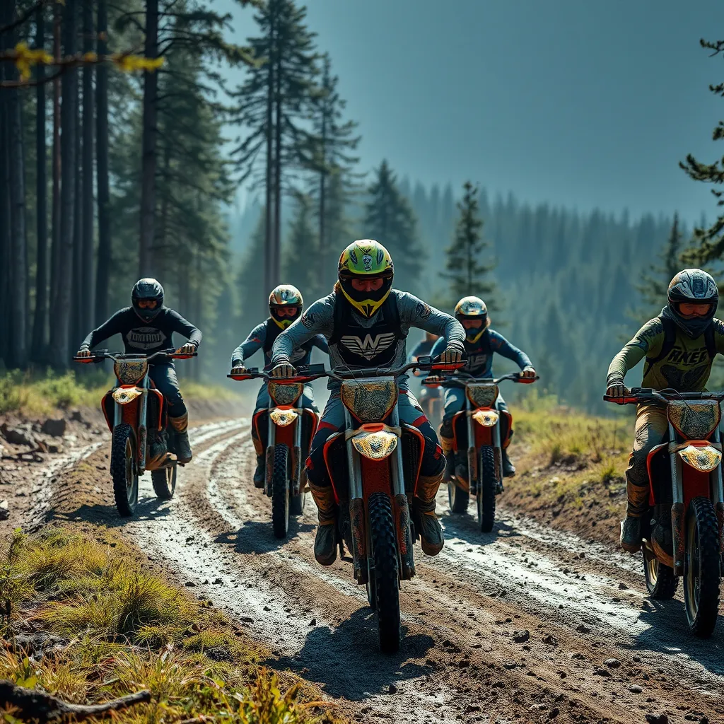 A group of friends riding their dirt bikes along a scenic trail through a forest. The bikes are covered in mud, and the riders are wearing protective gear. The image should convey a sense of camaraderie and adventure.