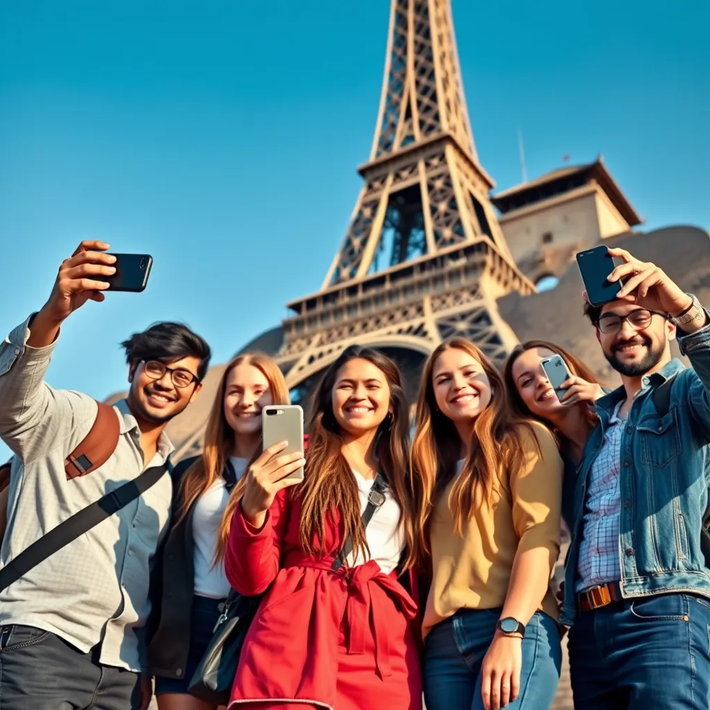 A group of friends standing in front of a famous landmark, such as the Eiffel Tower or the Great Wall of China. They are all smiling and taking photos with their smartphones. The landmark is impressive and grand, and the sky is clear and blue. The group of friends are dressed in casual clothing and appear to be enjoying their time together. The image conveys a sense of adventure, exploration, and cultural immersion.