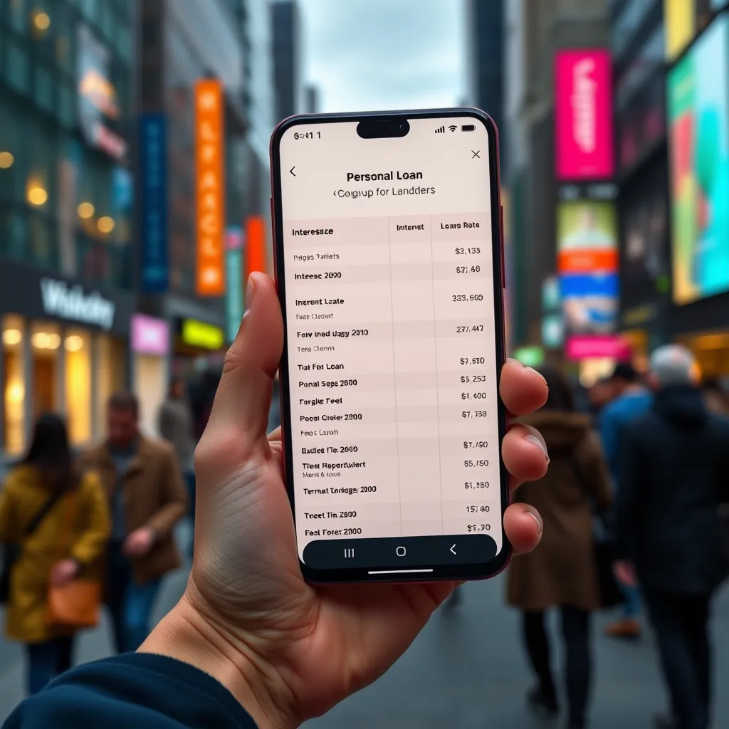 A hand holding a smartphone displaying a comparison table of different personal loan options from various lenders, showing interest rates, terms, and fees. The background is a vibrant cityscape with people walking by.