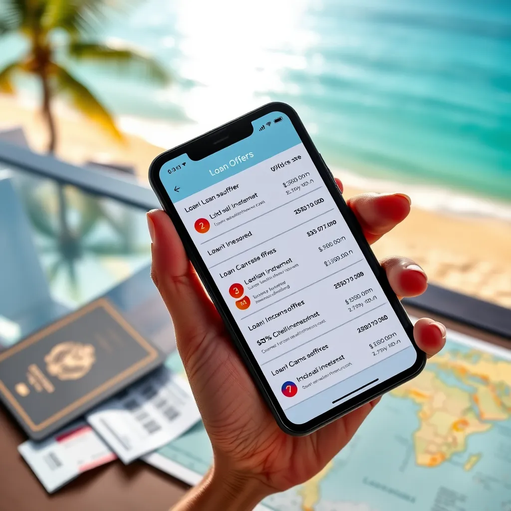 A hand holding a smartphone displaying multiple loan offers with different interest rates and terms. The smartphone is on a table with a passport, plane tickets, and a map of a tropical beach. The background is a vibrant, sunny beach scene.