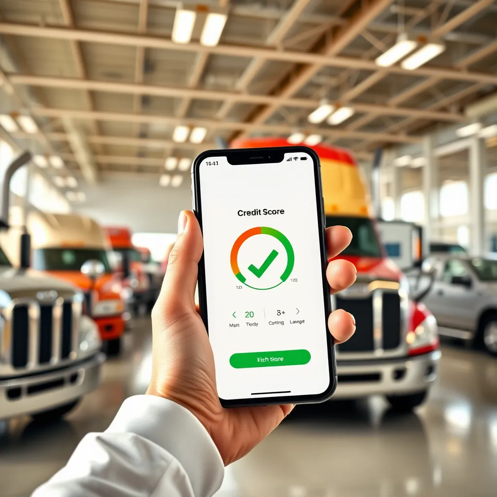 A hand holding a smartphone showing a high credit score, a green checkmark, and a smiling face. The background shows a truck dealership with a variety of trucks on display.  The image should be bright and positive, highlighting the importance of a good credit score for truck loan approval.