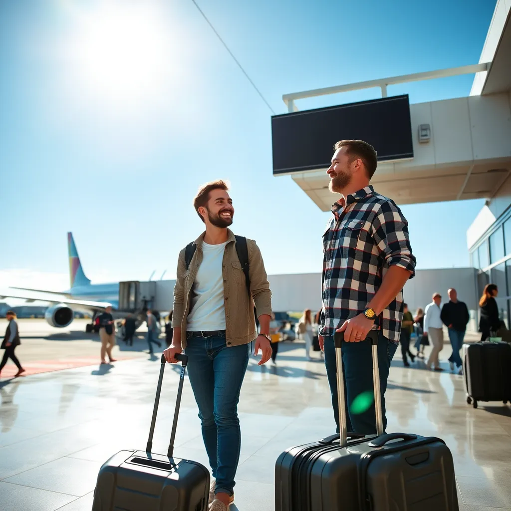 A happy couple standing at a gate at an airport, about to board a plane. They are both smiling and holding their luggage, while looking excitedly at the airplane in the background. The sun is shining brightly and the sky is blue. The airport is bustling with activity, with people walking around and luggage being loaded onto the plane. There is a sense of excitement and anticipation in the air.