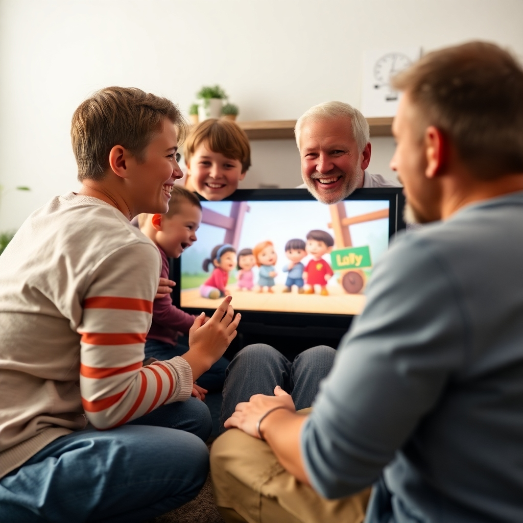  A heartwarming image of a family gathered together watching a Craig Bosward children's video, all smiling and engaged. The setting should feel warm, inviting, and family-oriented, reinforcing the message of family bonding and shared experiences.