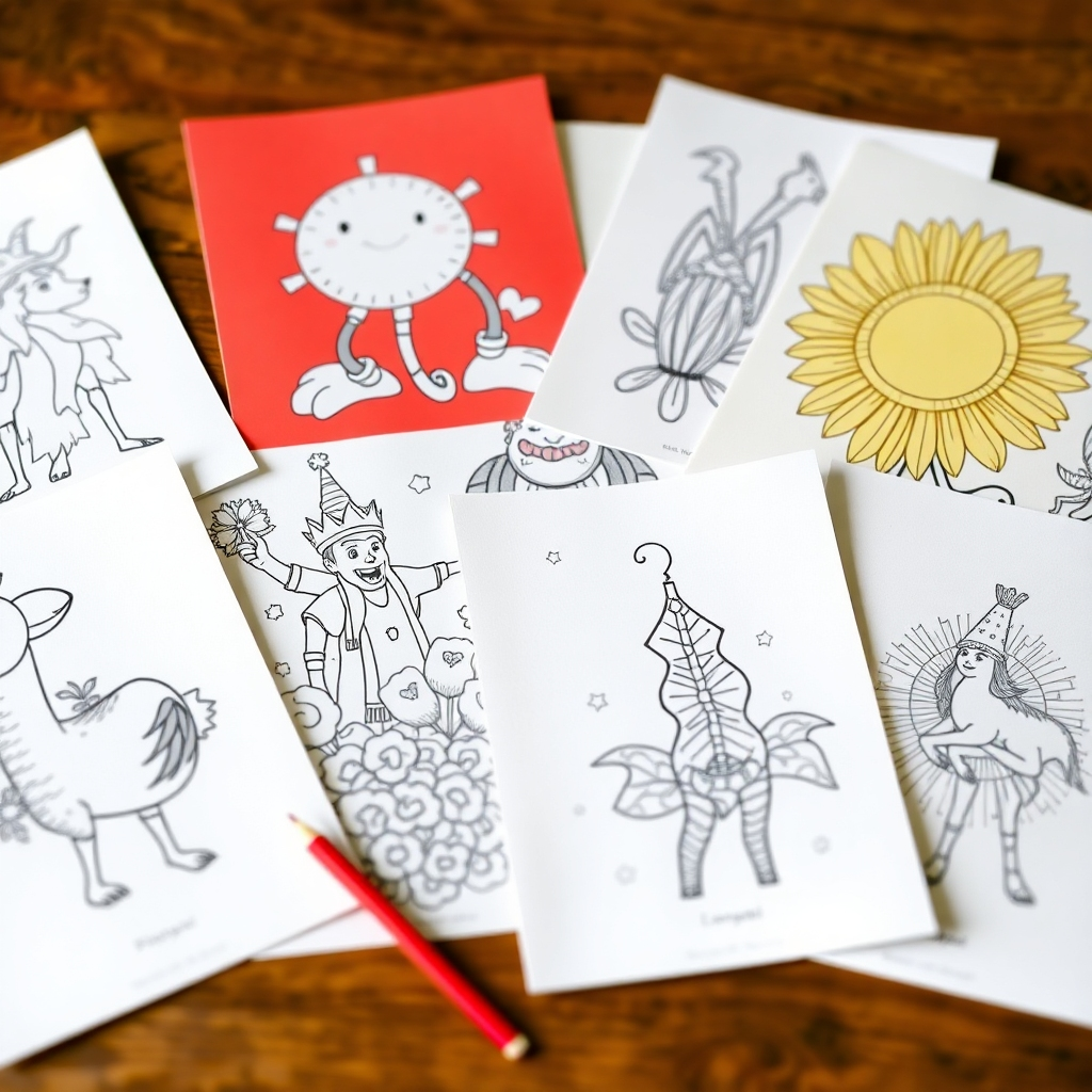 A high-resolution image depicting various printed coloring pages arranged artfully, each highlighting a different illustration style.  The focus should be on the high quality of the prints, showing clear lines and sharp colors. The background could be slightly out of focus, drawing the eye to the clarity and vibrancy of the prints.