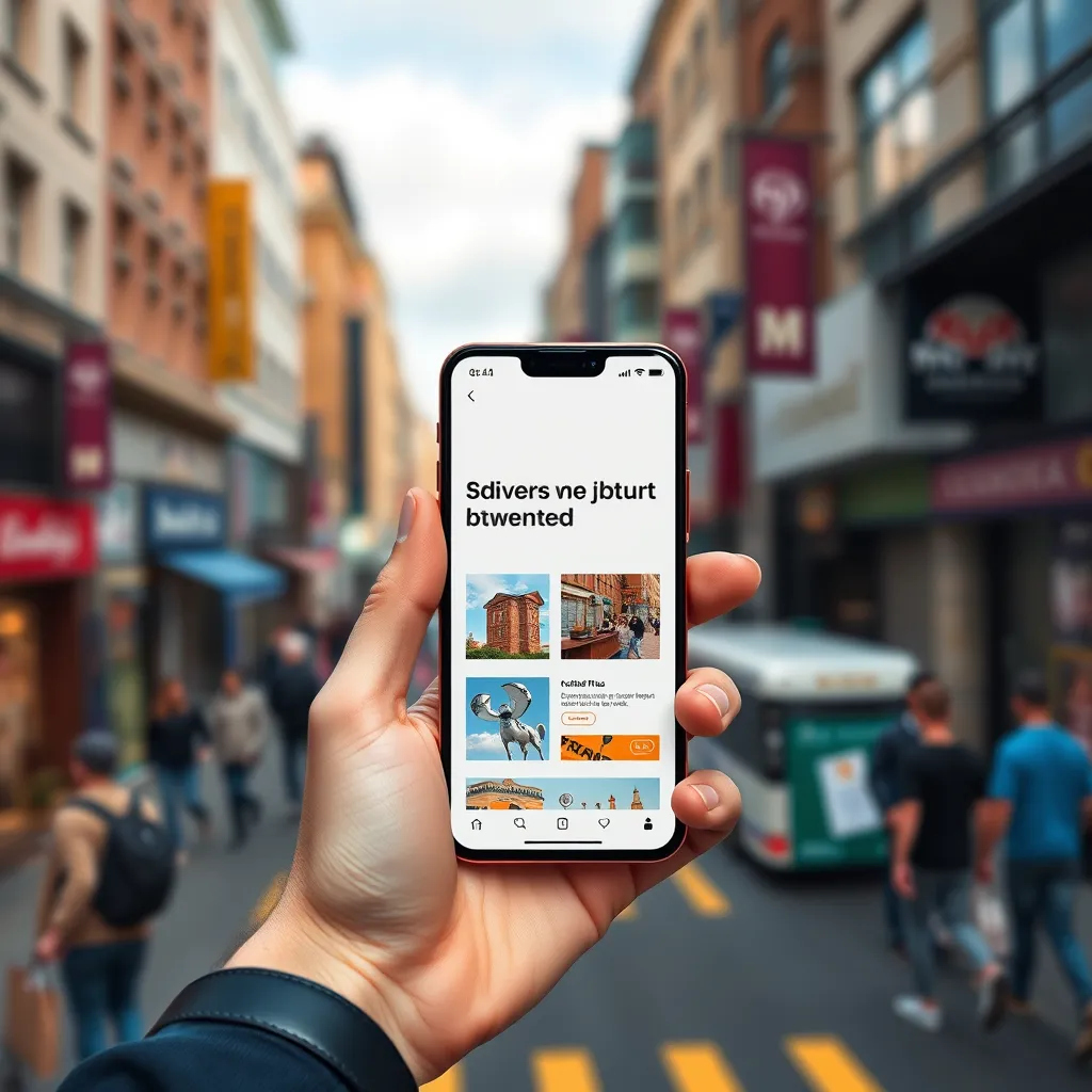 A hyperrealistic image of a hand holding a smartphone displaying a beautifully designed website. The website is responsive and adapts seamlessly to the smaller screen size. The background is a city street, with a bustling urban environment. The image captures the fluidity and adaptability of the website, highlighting its mobile-first design. Use a color palette that reflects the energy and vibrancy of the city, with a focus on bright, saturated colors. Render in 8K resolution, with a focus on detail and clarity, particularly in the smartphone screen.