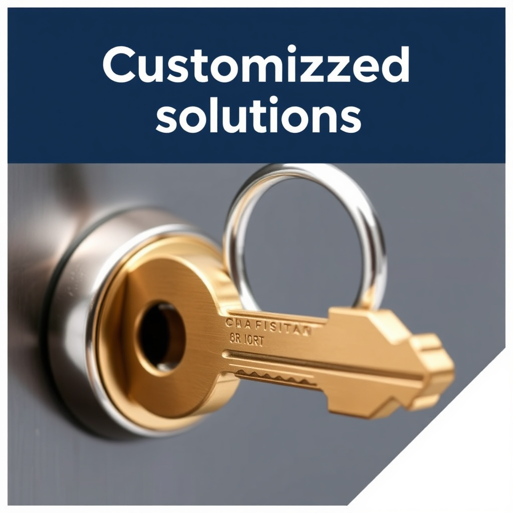 A key fitting perfectly into a lock, representing customized solutions. Style: Precise and tailored.