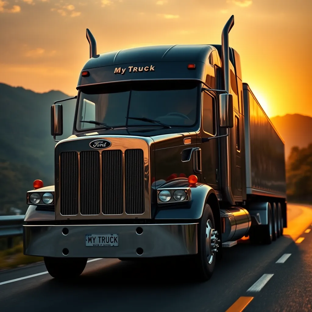 A large, shiny semi-truck driving on a scenic mountain road. The truck has a personalized license plate that says 'My Truck' and the sun is setting in the background, casting a golden glow on the scene.