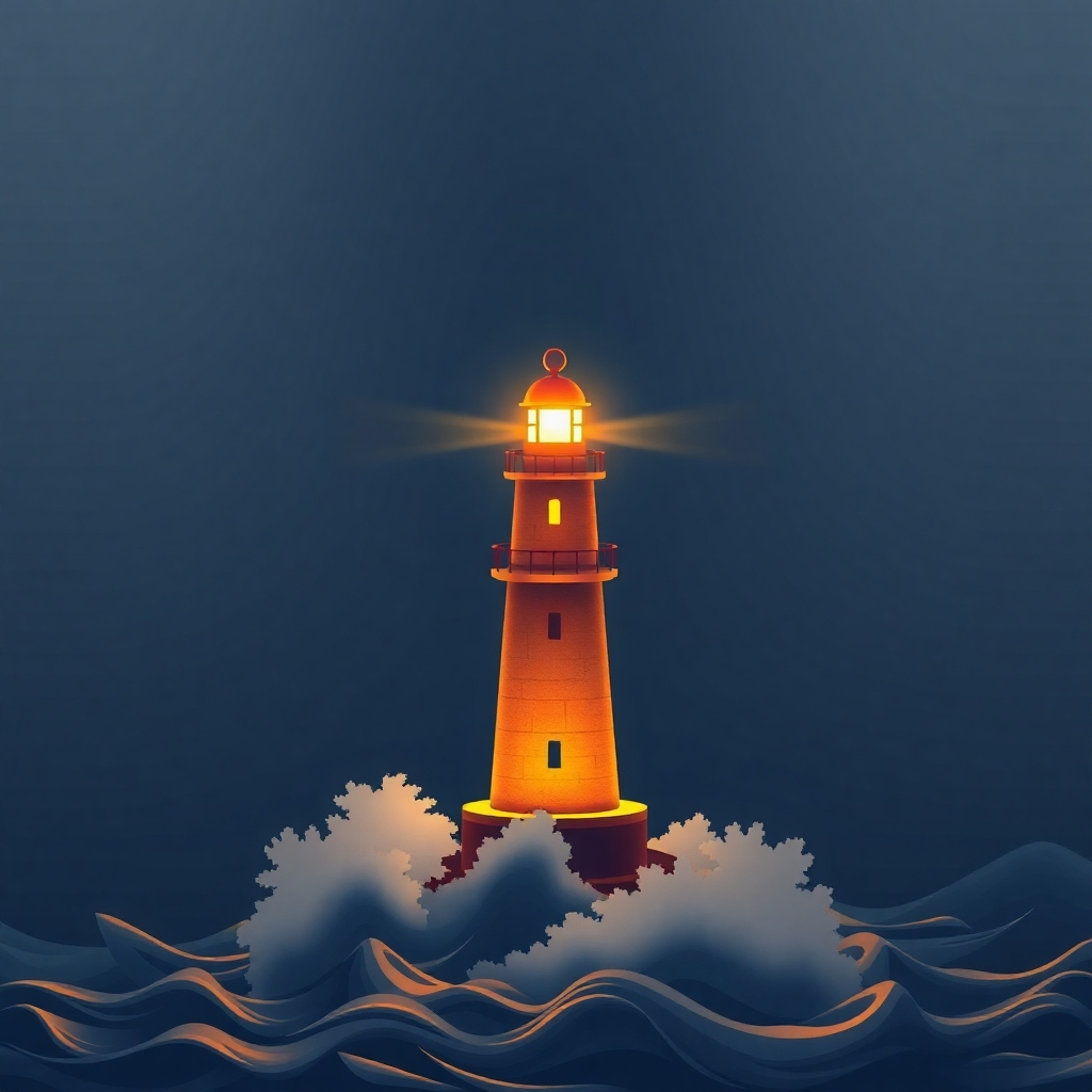 A lighthouse shining brightly, guiding ships through a complex channel, symbolizing expert guidance.
