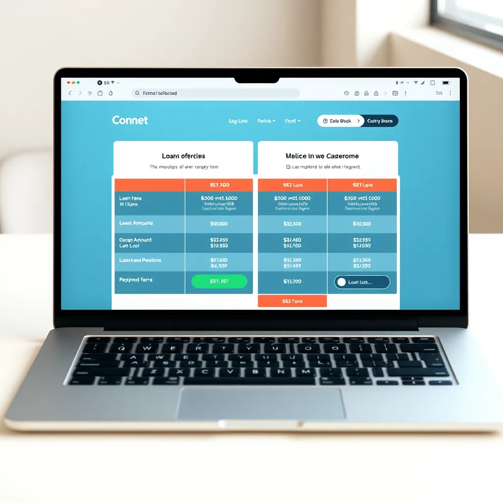 A modern, clean laptop screen displaying a website comparing loan offers side by side. Each loan offer should have clear information like interest rates, loan amounts, and repayment terms. The website should be designed to be user-friendly and visually appealing, with a bright, inviting color scheme.